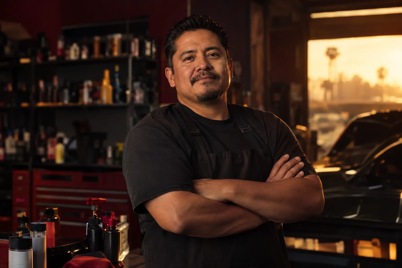 Small-business owner standing with arms crossed in his auto-detail shop at golden hour